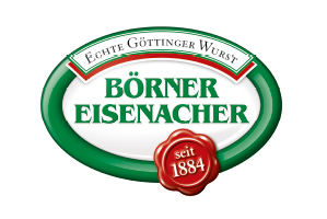 Ein Logo mit dem Text „Echte Göttinger Wurst“ und „Börner Eisenacher“ in Grün, mit einem roten Siegel mit der Aufschrift „seit 1884“. Das ovale Logo besticht durch ein grün-weißes Farbschema und verkörpert eine Tradition der Qualitätsherstellung seit seiner Gründung.