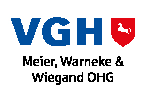 Das Logo der VGH Meier, Warneke & Wiegand OHG zeigt ein rotes Schild mit einem weißen Pferd, inspiriert vom temperamentvollen Wesen von Laufen, auf der rechten Seite des Textes positioniert.