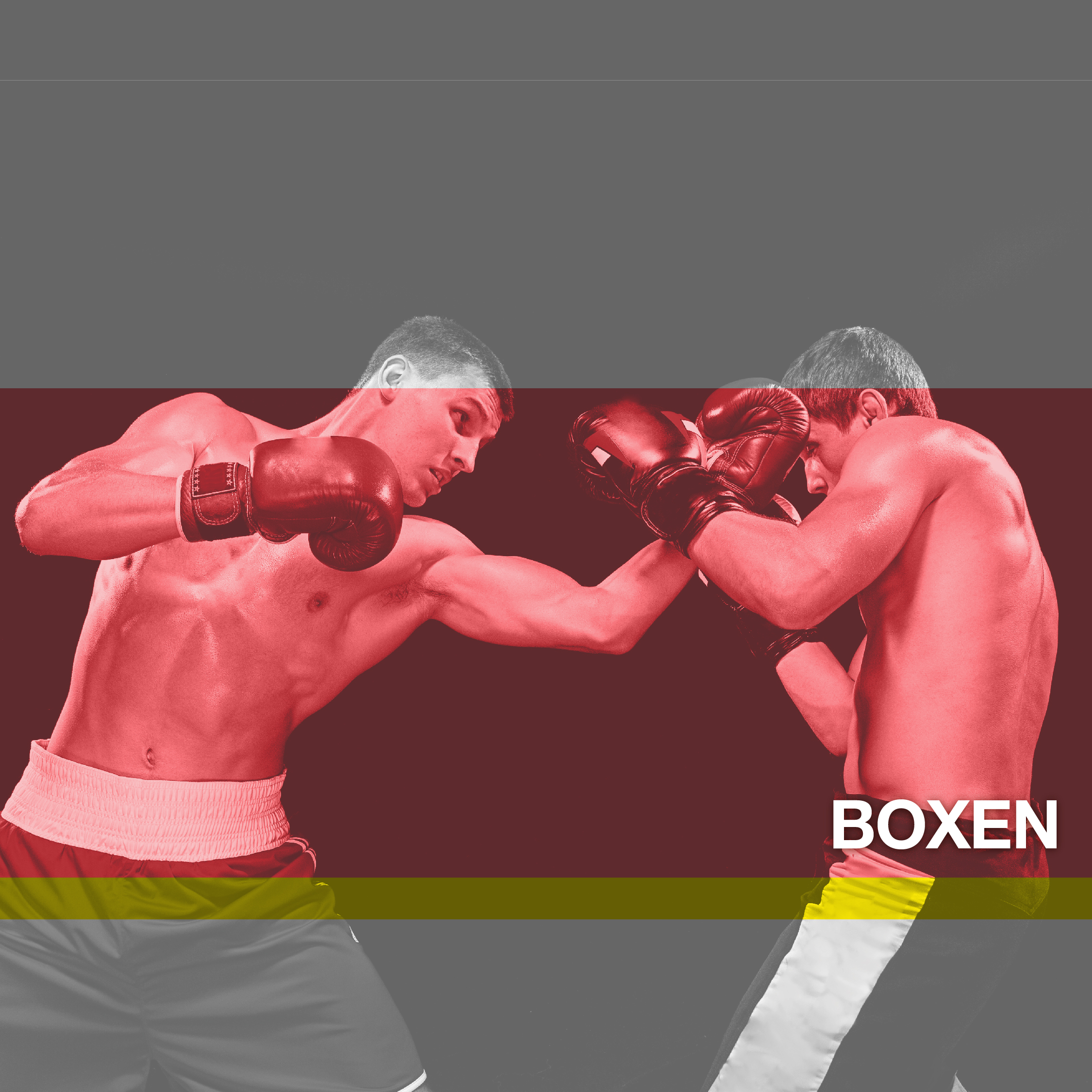 Zwei Boxer stehen sich in einem Kampf gegenüber, wobei einer dem anderen einen Schlag versetzt. Das Bild ist mit einem roten Filter überlagert und in der unteren rechten Ecke ist das Wort „BOXEN“ zu sehen.
