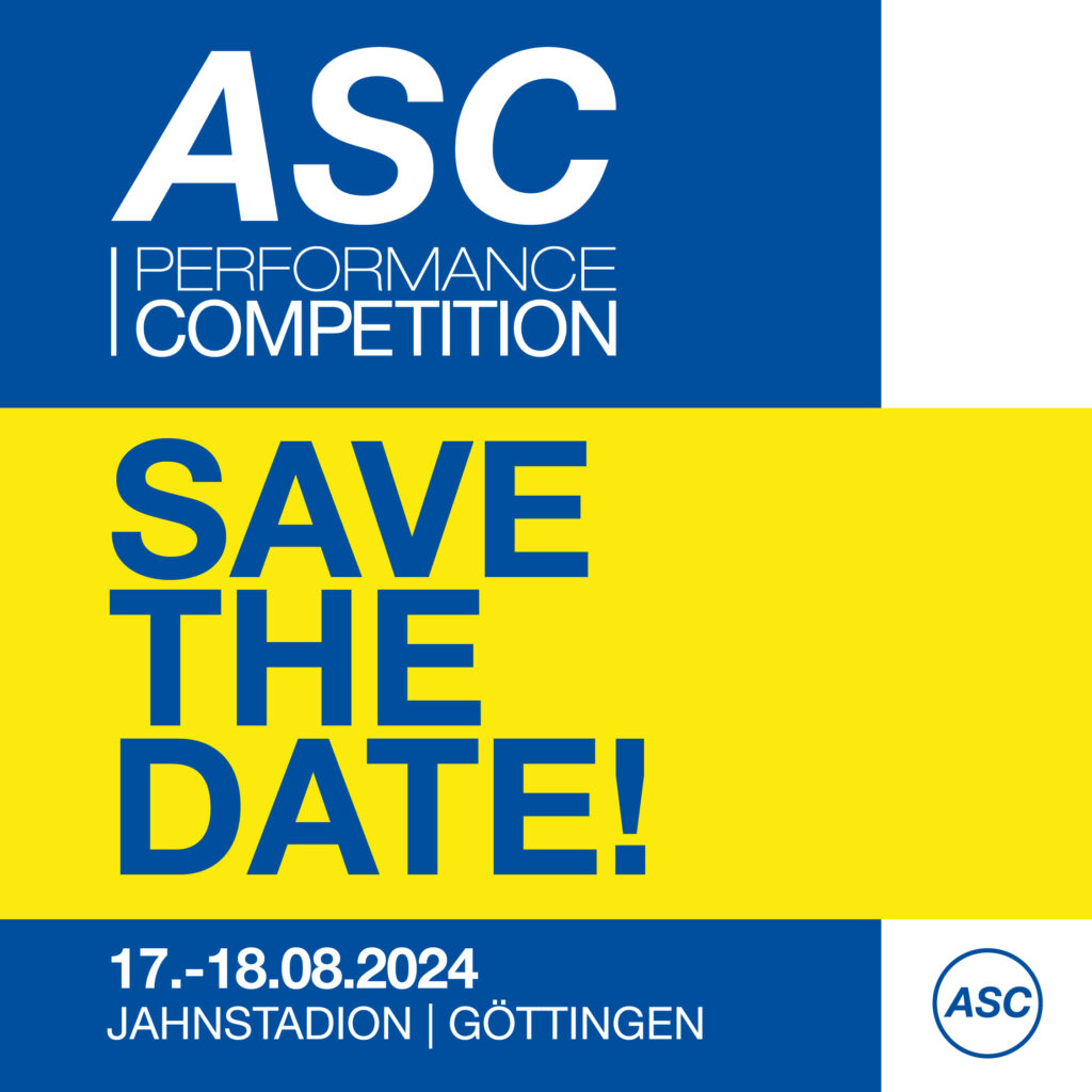Terminankündigung zum ASC-Leistungswettbewerb vom 17. bis 18. August 2024 im Jahnstadion in Göttingen. Das Design ist in den Farben Blau, Weiß und Gelb gehalten und trägt das ASC-Logo in der unteren rechten Ecke.