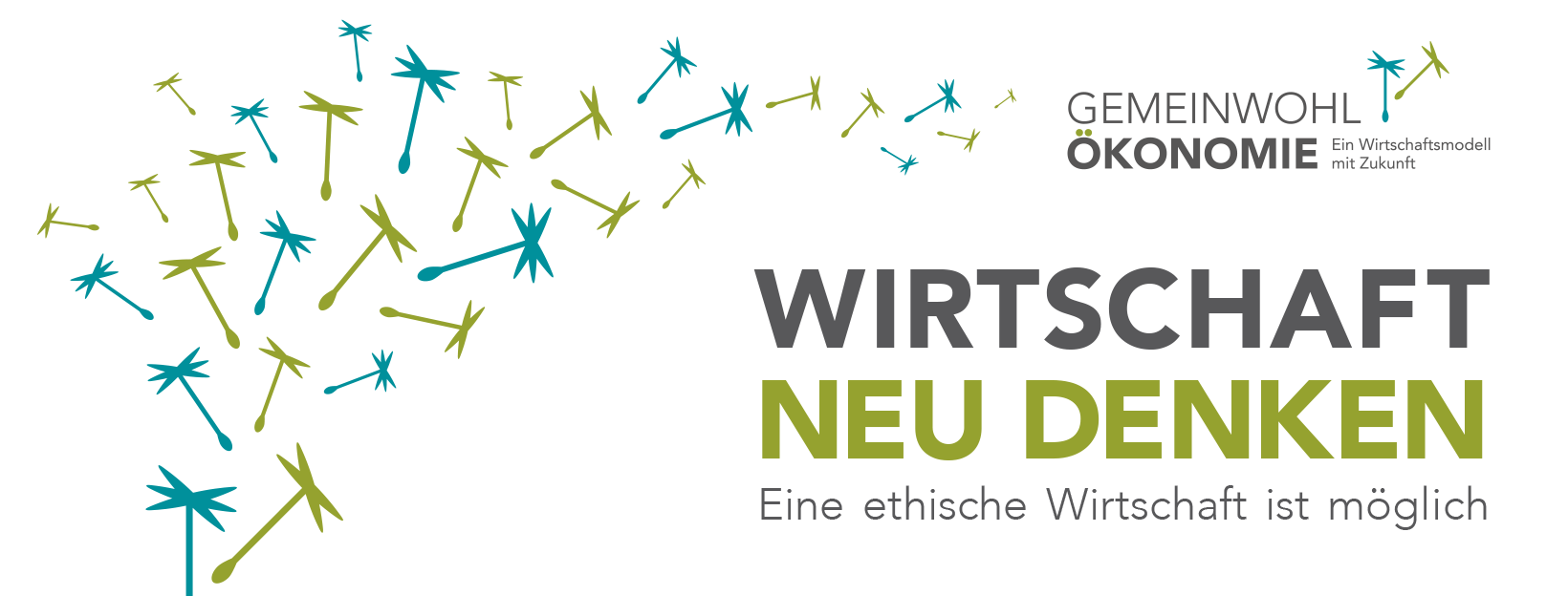 Die Illustration zeigt den Satz „Wirtschaft Neu Denken“ auf Deutsch, zusammen mit verstreuten grünen und blauen Löwenzahnblüten. Der Text unten lautet: „Eine ethische Wirtschaft ist möglich“ und schlägt Rückenwind für ethischen Fortschritt vor.