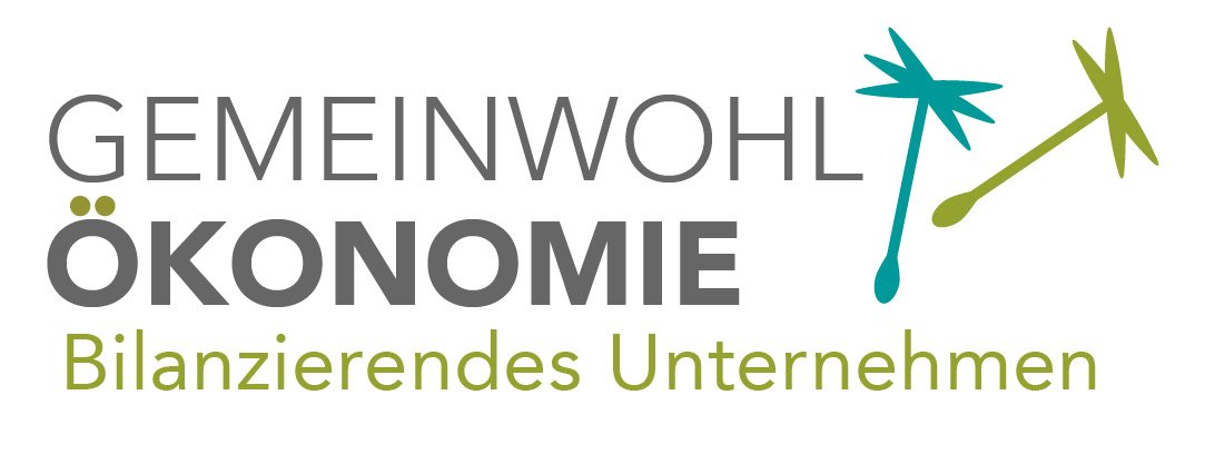 Logo mit dem Text „Gemeinwohl-Ökonomie Bilanzierendes Unternehmen“ und zwei stilisierten Löwenzahnsamen, einer in Grün und einer in Blaugrün, die den Rückenwind des nachhaltigen Wachstums symbolisieren.