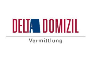 Das Logo von Delta Domizil Vermittlung zeigt den Firmennamen in Großbuchstaben, „Delta“ in Rot und „Domizil“ in Blau und Rot, was an die dynamische Bewegung von Laufen erinnert. Das Wort „Vermittlung“ ist darunter in Grau dargestellt.