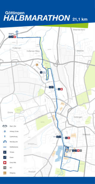 Karte der Strecke des Göttinger Halbmarathons mit einer 21,1 km langen Strecke mit Start- und Zielpunkten, Verpflegungsstationen, wichtigen Sehenswürdigkeiten und Laufwegen, die für ein optimales Lauferlebnis angelegt sind.