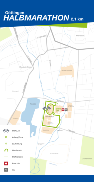 Karte der 2,1 km langen Strecke des Göttinger Halbmarathons mit Start- und Endpunkten, Streckenmarkierungen, Erfrischungsstationen und Einrichtungen wie Erste Hilfe und Toiletten für alle Ihre Laufen-Bedürfnisse.