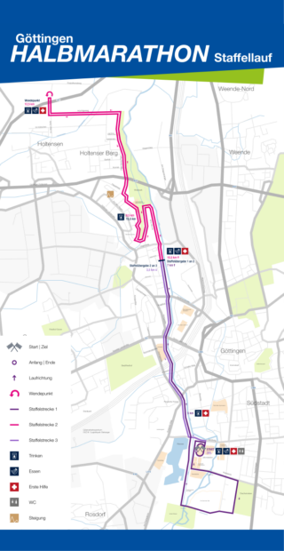 Karte der Staffelstrecke des Göttinger Halbmarathons mit Start-, Ziel- und Staffelwechselpunkten sowie nahe gelegenen Sehenswürdigkeiten, Straßen und Parks, die für jede Etappe in unterschiedlichen Farben hervorgehoben sind. Perfekt für alle, die Laufen lieben und die schöne Strecke erkunden möchten.