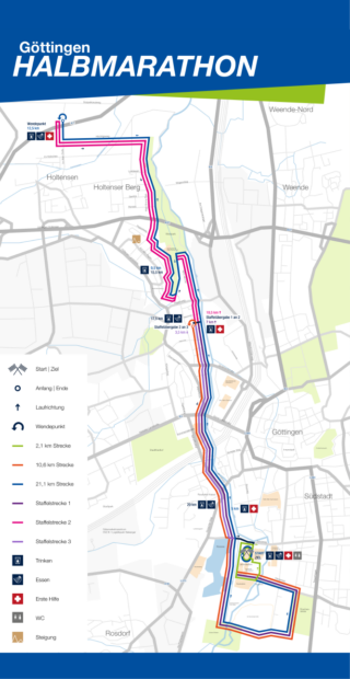 Beschreibung: Karte der Strecke des Göttinger Halbmarathons. Die Strecke schlängelt sich durch verschiedene Straßen und Parks der Stadt mit ausgewiesenen Markierungen für Distanzen, Wasserstationen und Schlüsselpunkten entlang der Strecke, perfekt für leidenschaftliche Laufbegeisterte.