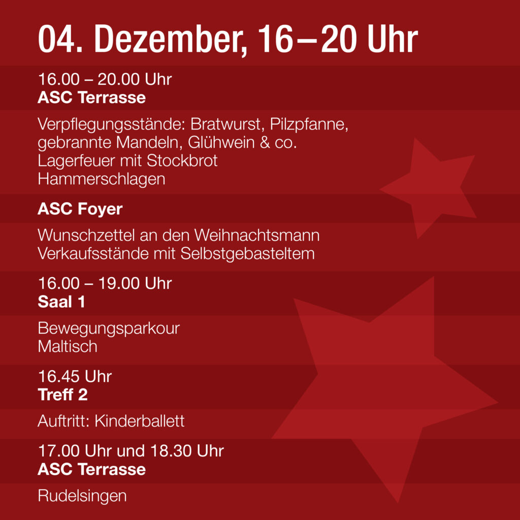 Roter Veranstaltungsplan am 4. Dezember; beinhaltet Essensstände, Besuch des Weihnachtsmanns, Kunsthandwerksmarkt, Sportaktivitäten und Musikdarbietungen. Zeiten und Orte auf Deutsch angegeben.