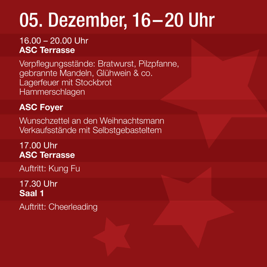 Roter Veranstaltungsflyer mit Zeitplan für den 5. Dezember, 16:00-20:00 Uhr. Es gibt Essen, Aktivitäten wie Hammerschlagen und Darbietungen, darunter Kung Fu und Cheerleading.