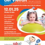 Flyer zur Veranstaltung „Offene Sporthalle der Vielfalt“ am 12.01.25 von 10 bis 13 Uhr in Göttingen. Das Angebot umfasst Basketball, Gymnastik und Kinderveranstaltungen für 2-14-Jährige. Kostenlose Snacks sind erhältlich.