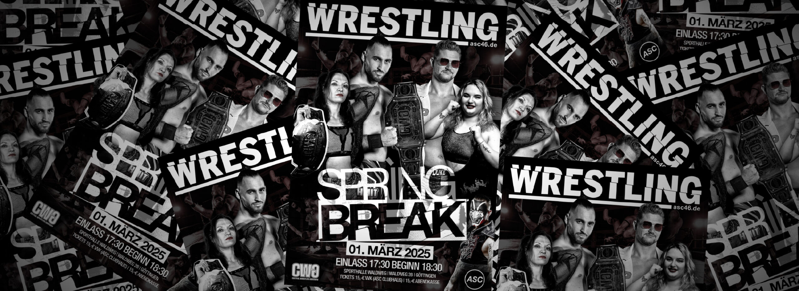 Collage von Wrestling-Eventplakaten mit dem Titel „Spring Break“ für den 1. März 2025 mit verschiedenen Wrestlern.