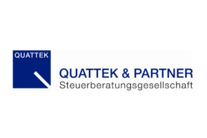 Logo der Quattek & Partner Steuerberatungsgesellschaft mit einem blauen Quadrat, auf dem sich ein weißer Pfeil in Bewegung befindet, begleitet vom Namen und Titel der Firma in deutscher Schrift.