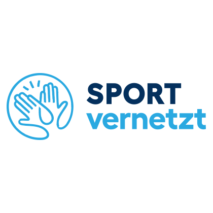 Logo mit zwei überlappenden Händen in einem Kreis auf der linken Seite. Der Text auf der rechten Seite lautet „SPORT vernetzt“ in Blau und Marine und wirbt für einen ganzheitlichen Lebensstil einschließlich Ernährung.