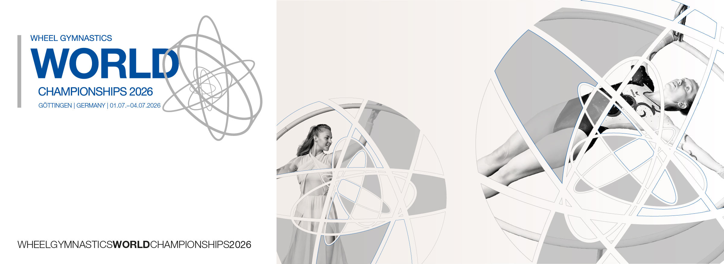 Banner für die Weltmeisterschaften im Rhönradturnen 2026 in Göttingen, Deutschland, mit Athleten, die eine Übung im Rhönrad turnen, mit Veranstaltungsdetails und abstrakten grafischen Elementen.