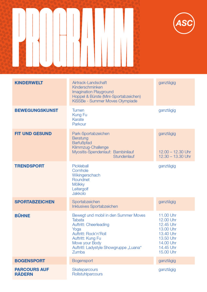 Summer Moves 2025 Programm Veranstaltungsprogramm in deutscher Sprache mit einer Auflistung der Aktivitäten nach Kategorie und Zeit, darunter Laufen, Sport, Bühnenauftritte, Fitness-Herausforderungen, Bogenschießen und Aktivitäten für Kinder. Farbschema in Orange und Weiß.