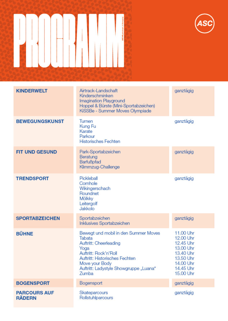 Veranstaltungsprogramm mit Aktivitäten für Kinder, Fitness, Sport, Laufen, Bühnenauftritte, Bogenschießen und Schlittschuhlaufen - mit entsprechenden Zeiten und ganztägigen Optionen - auf orange-weißem Hintergrund.