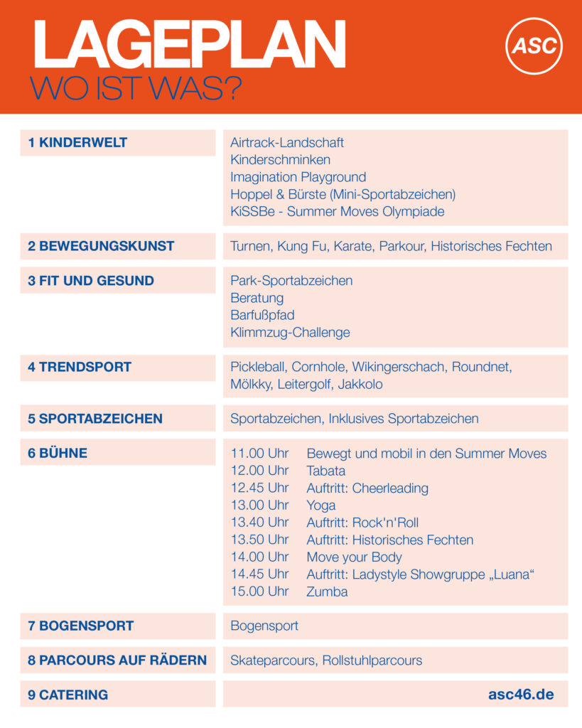 Event-Lageplan mit Auflistung der Aktivitätsbereiche wie Kinderwelt, Bewegungskunst, Fitness, Laufen, Trendsport, Sport, Bühnenprogramm mit Zeitangaben, Bogenschießen, Räderparcours und Catering.