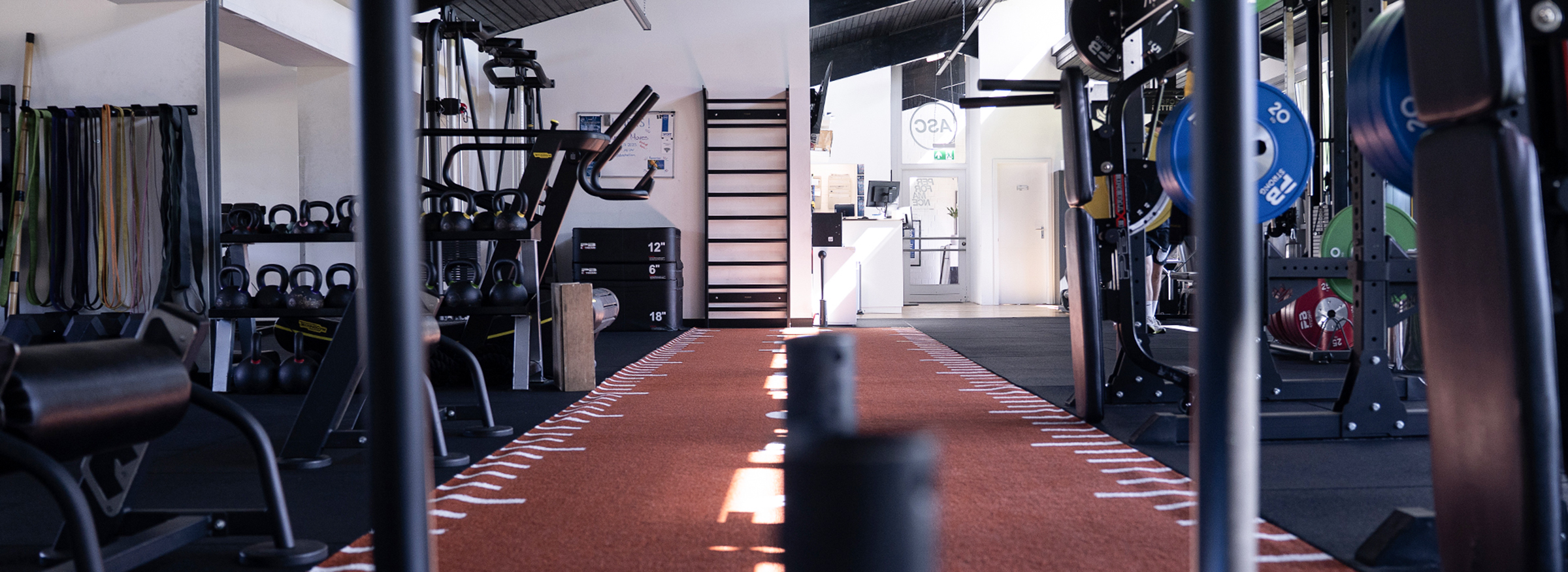 Das Innere eines auf Höchstleistung ausgelegten Fitnessstudios mit verschiedenen Trainingsgeräten - Gewichte, Widerstandsbänder und Maschinen -, die um eine auffällige rote Laufbahn angeordnet sind.