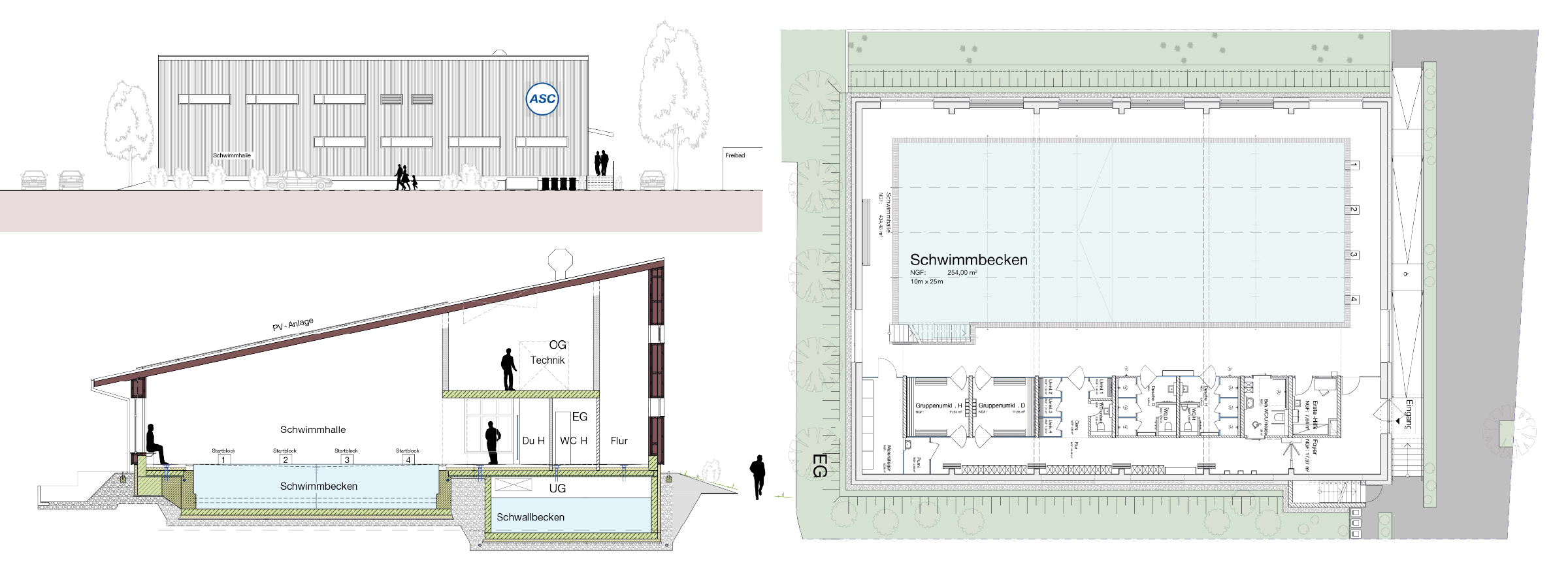 Architektonische Diagramme einer Schwimmbadanlage, die einen Querschnitt mit beschrifteten Bereichen und einen Grundriss von oben nach unten mit dem Becken und den angrenzenden Räumen zeigen.