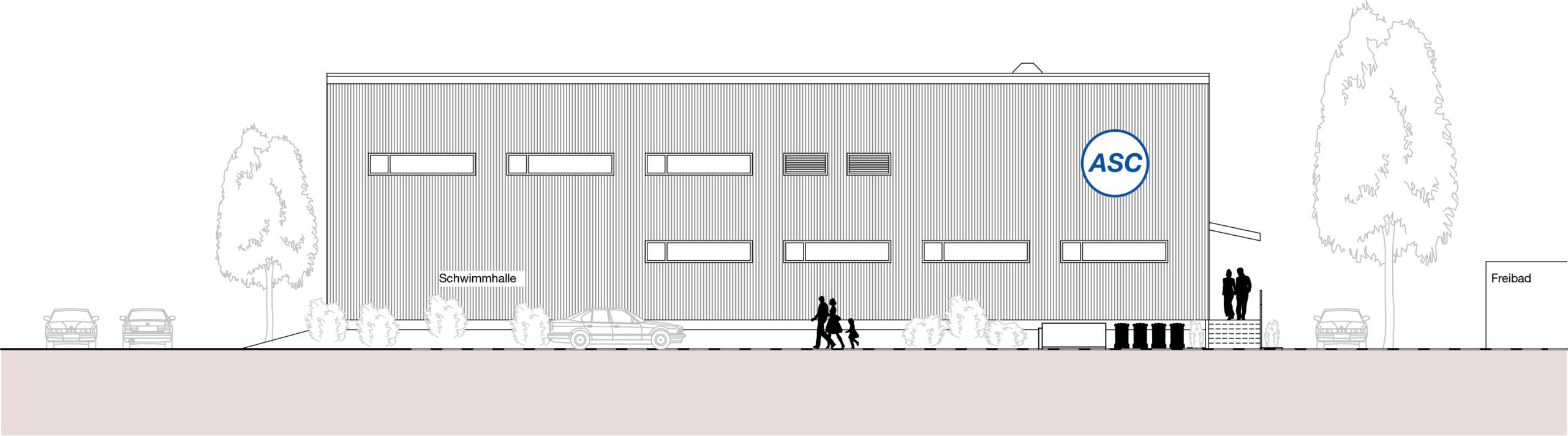 Architektonische Ansichtszeichnung eines rechteckigen, zweistöckigen Gebäudes mit den Bezeichnungen "Schwimmhalle" und "ASC", vor dem Autos, Bäume und Menschen abgebildet sind.