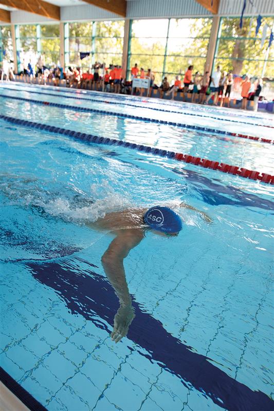 Schwimmer_Spende_web Ein Schwimmer mit einer blauen Badekappe schwimmt Freistil in einem Hallenbad, im Hintergrund sind Zuschauer und Sonnenlicht zu sehen.