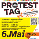 Plakat für den "Protesttag" am 6. Mai 2026 in Göttingen, der für Menschenrechte, Inklusion und eine barrierefreie Demonstration und Marktveranstaltung wirbt.