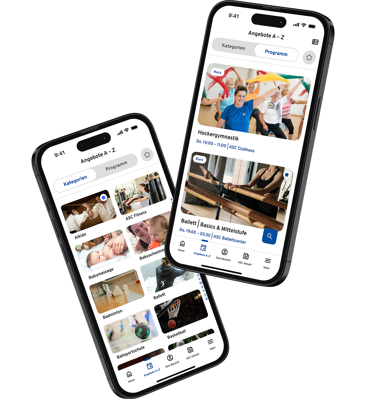 Zwei Smartphones zeigen eine deutschsprachige App-Oberfläche mit Kategorien und Programmoptionen für Aktivitäten wie Fitness, Ballett und Hockeygymnastik.