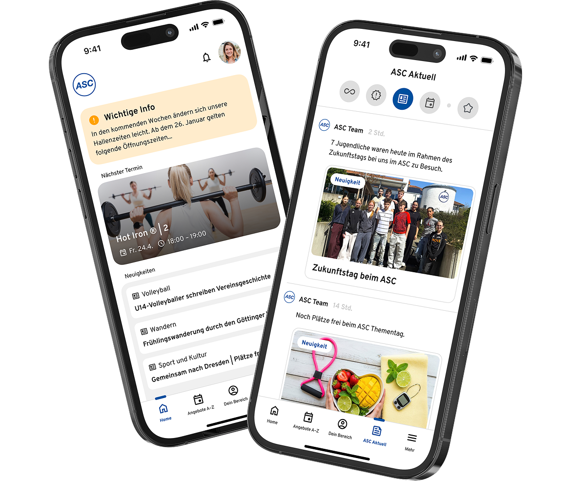Zwei Smartphones zeigen eine Sportvereins-App-Oberfläche mit Veranstaltungsinformationen, Nachrichten, Bildern von Personen und Navigationsmenüs in deutscher Sprache an und unterstreichen damit das benutzerfreundliche Design der App.