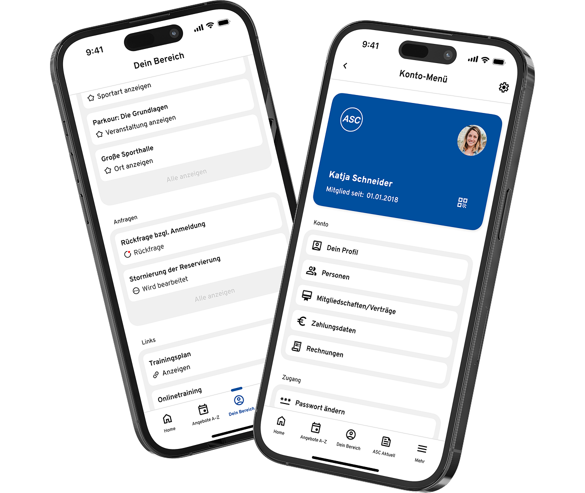 Zwei Smartphones zeigen die deutschsprachige Benutzeroberfläche der App mit Kontodaten, Profilfoto, Mitgliederinformationen und Navigationsmenüs für ein optimiertes Sportstättenmanagement.