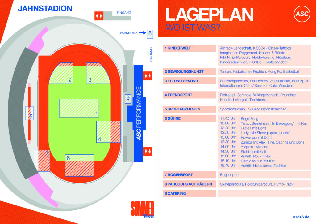 Karte des Jahnstadions mit den Veranstaltungsbereichen, Eingängen, Parkmöglichkeiten und dem Zeitplan für „ASC Summer Moves“, mit farbcodierten Bereichen für Aktivitäten und Einrichtungen – einschließlich spezieller Zonen für „Laufen“ und andere Highlight-Veranstaltungen.