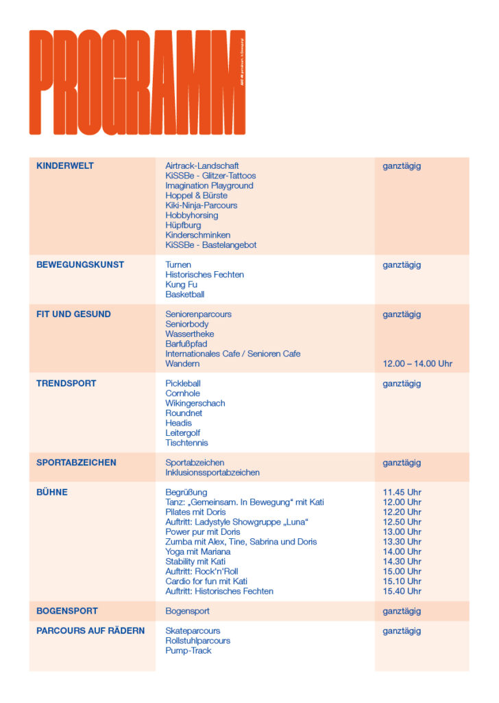 Veranstaltungsprogramm auf Deutsch mit Rubriken zu Aktivitäten für Kinder, Fitness, Laufen, Trends, Bühnenauftritten, Bogenschießen und Eislaufen – mit einer übersichtlichen tabellarischen Auflistung der Aktivitäten und Zeiten.